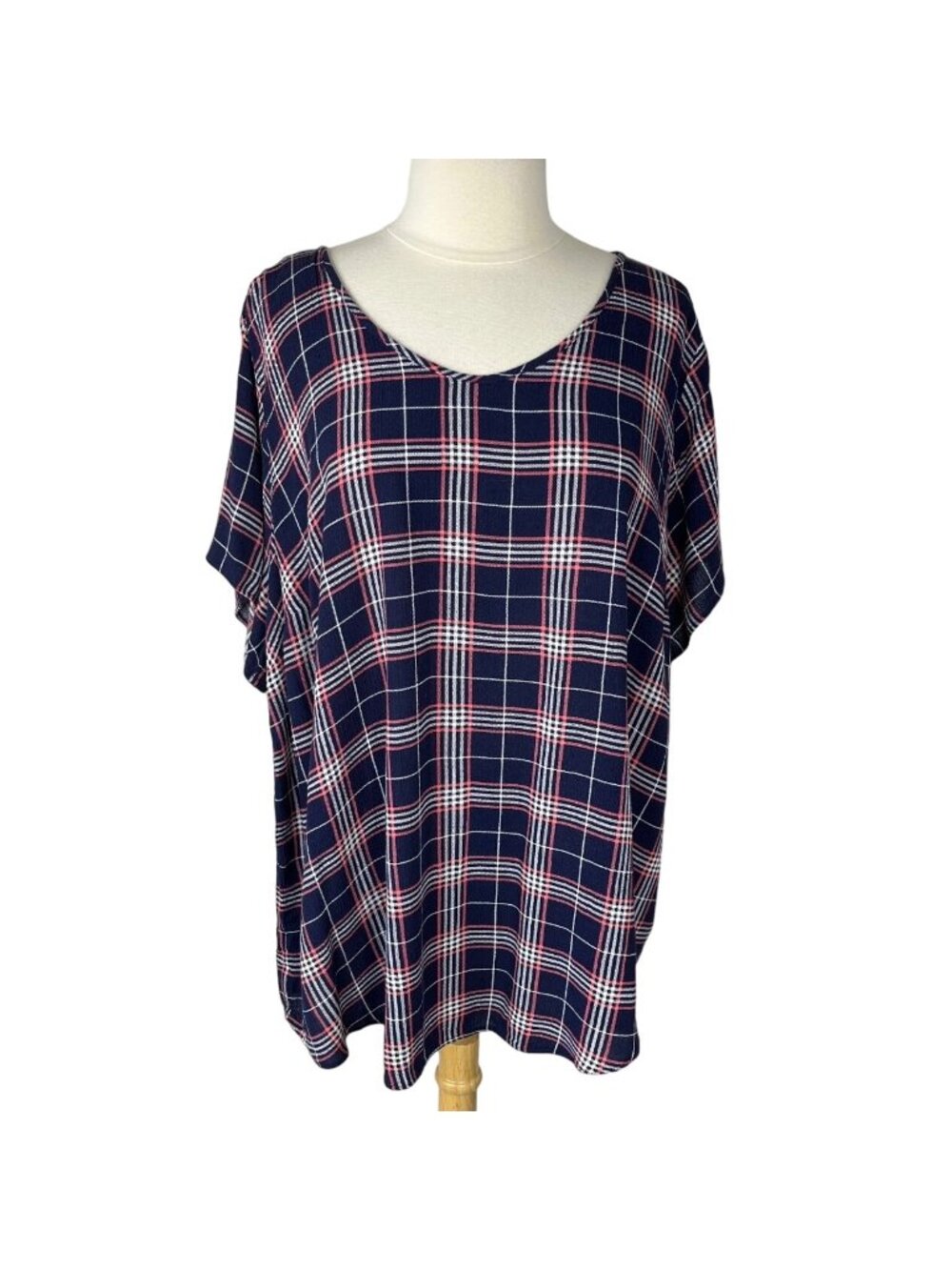 Torrid Shirt Blouse 3X Blue Pink Plaid Short Sleeves Summer